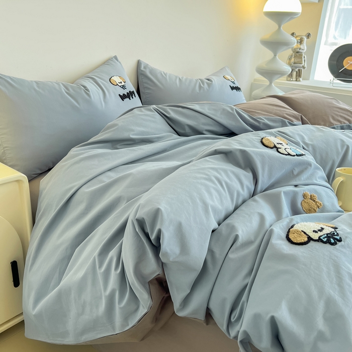 91家纺网 家纺一手货源 找家纺 小懒猪 2025新款全棉纯棉水洗棉毛巾绣四件套(提供买家秀） 萌宠浅蓝灰