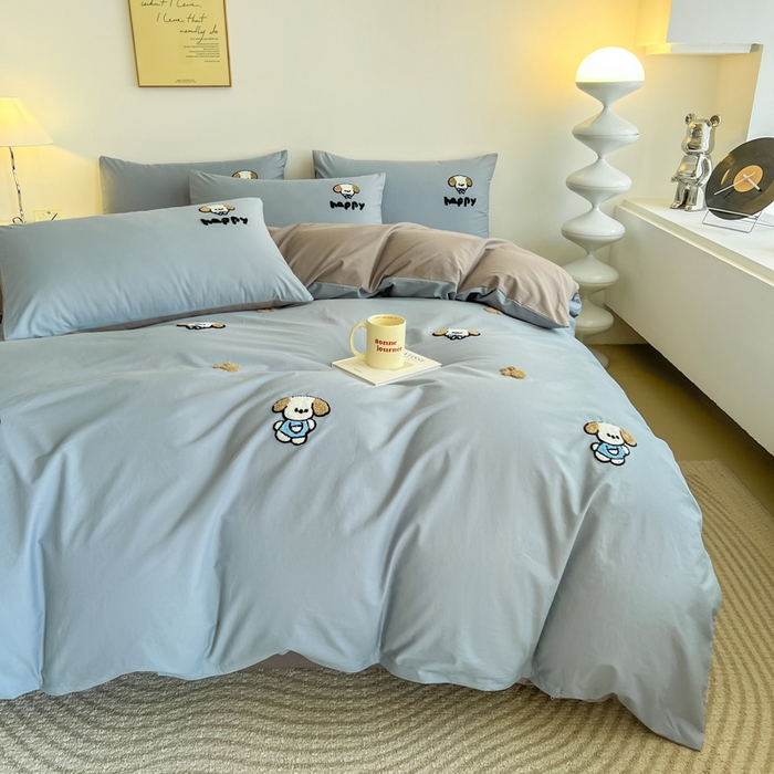 91家纺网 家纺一手货源 找家纺 小懒猪 2025新款全棉纯棉水洗棉毛巾绣四件套(提供买家秀） 萌宠浅蓝灰