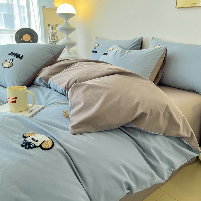 91家纺网 家纺一手货源 找家纺 小懒猪 2025新款全棉纯棉水洗棉毛巾绣四件套(提供买家秀） 萌宠浅蓝灰