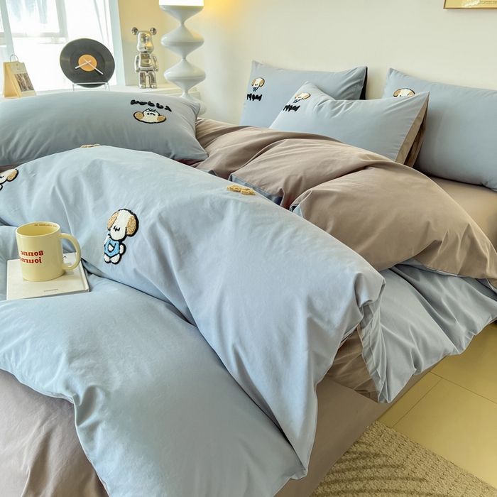 91家纺网 家纺一手货源 找家纺 小懒猪 2025新款全棉纯棉水洗棉毛巾绣四件套(提供买家秀） 萌宠浅蓝灰