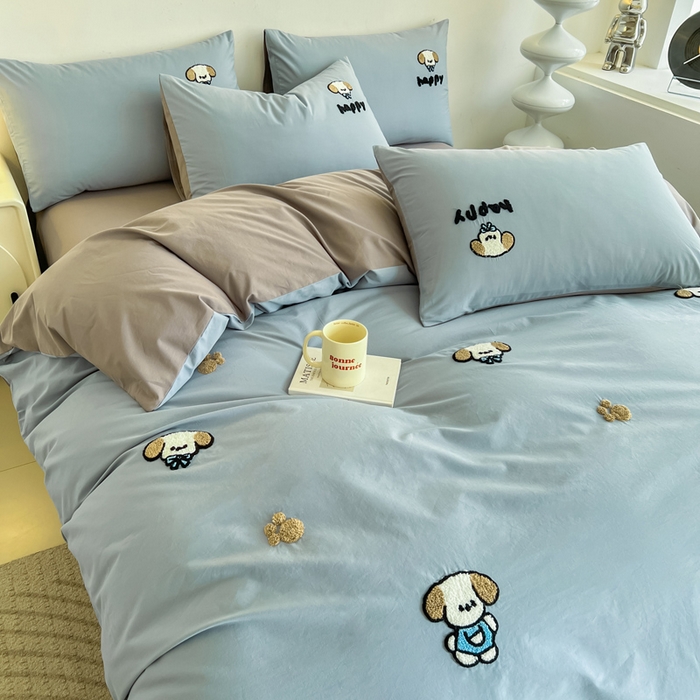 91家纺网 家纺一手货源 找家纺 小懒猪 2025新款全棉纯棉水洗棉毛巾绣四件套(提供买家秀） 萌宠浅蓝灰