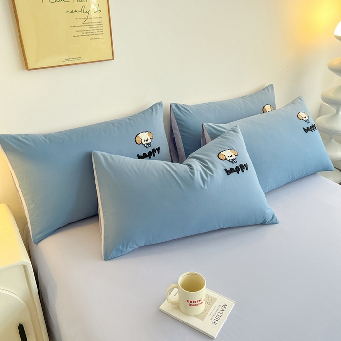 91家纺网 家纺一手货源 找家纺 小懒猪 2025新款全棉纯棉水洗棉毛巾绣四件套(提供买家秀） 萌宠深蓝灰