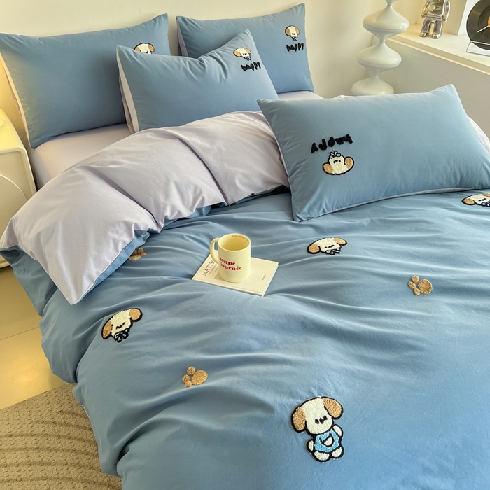 91家纺网 家纺一手货源 找家纺 小懒猪 2025新款全棉纯棉水洗棉毛巾绣四件套(提供买家秀） 萌宠深蓝灰