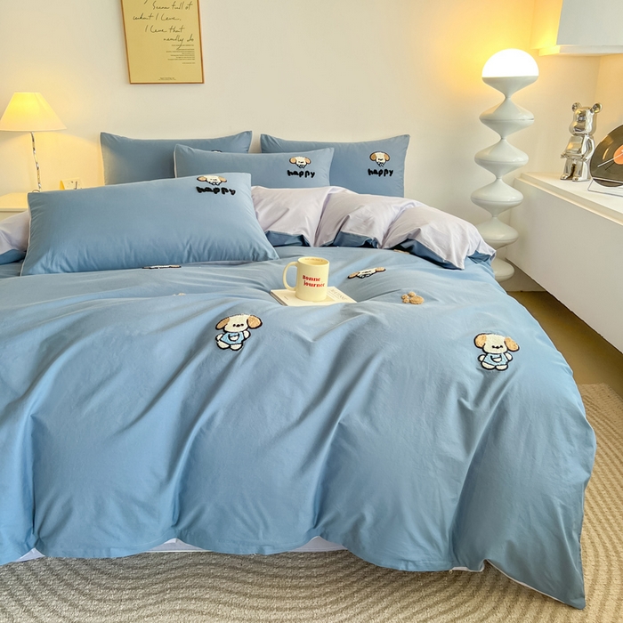 91家纺网 家纺一手货源 找家纺 小懒猪 2025新款全棉纯棉水洗棉毛巾绣四件套(提供买家秀） 萌宠深蓝灰