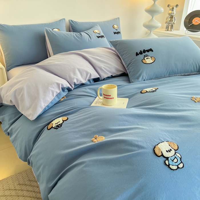 91家纺网 家纺一手货源 找家纺 小懒猪 2025新款全棉纯棉水洗棉毛巾绣四件套(提供买家秀） 萌宠深蓝灰