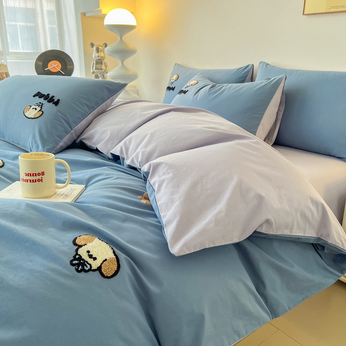 91家纺网 家纺一手货源 找家纺 小懒猪 2025新款全棉纯棉水洗棉毛巾绣四件套(提供买家秀） 萌宠深蓝灰