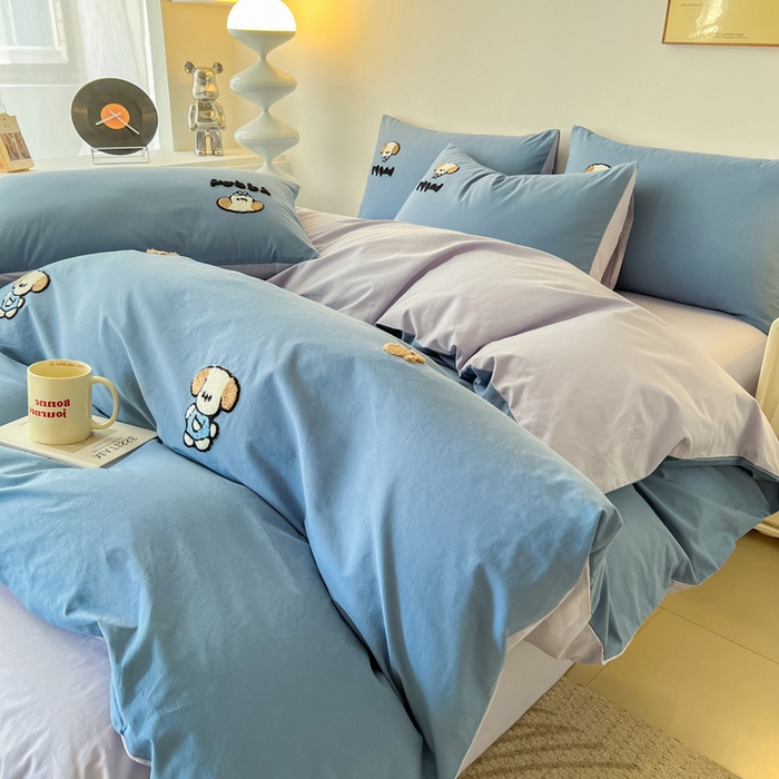 小懒猪 2025新款全棉纯棉水洗棉毛巾绣四件套(提供买家秀） 萌宠深蓝灰