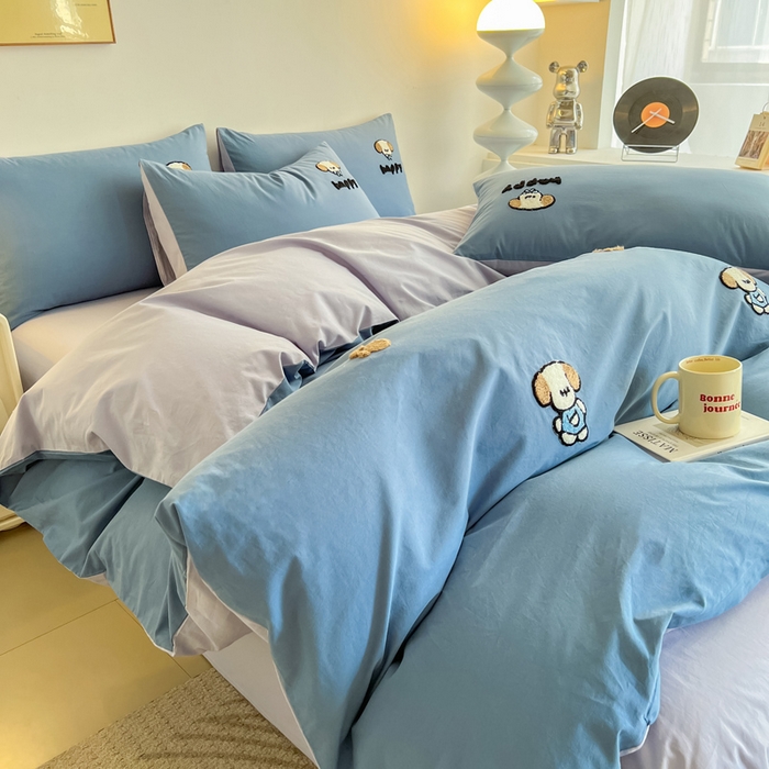 91家纺网 家纺一手货源 找家纺 小懒猪 2025新款全棉纯棉水洗棉毛巾绣四件套(提供买家秀） 萌宠深蓝灰