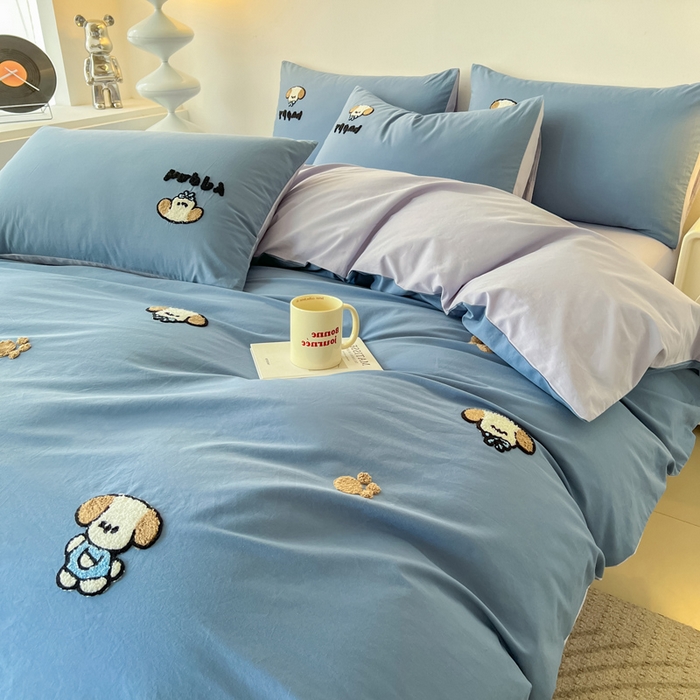 91家纺网 家纺一手货源 找家纺 小懒猪 2025新款全棉纯棉水洗棉毛巾绣四件套(提供买家秀） 萌宠深蓝灰