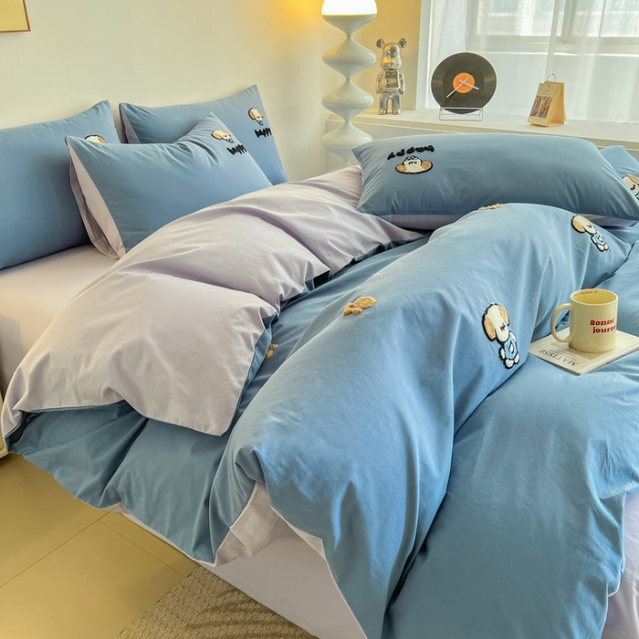 91家纺网 家纺一手货源 找家纺 小懒猪 2025新款全棉纯棉水洗棉毛巾绣四件套(提供买家秀） 萌宠深蓝灰