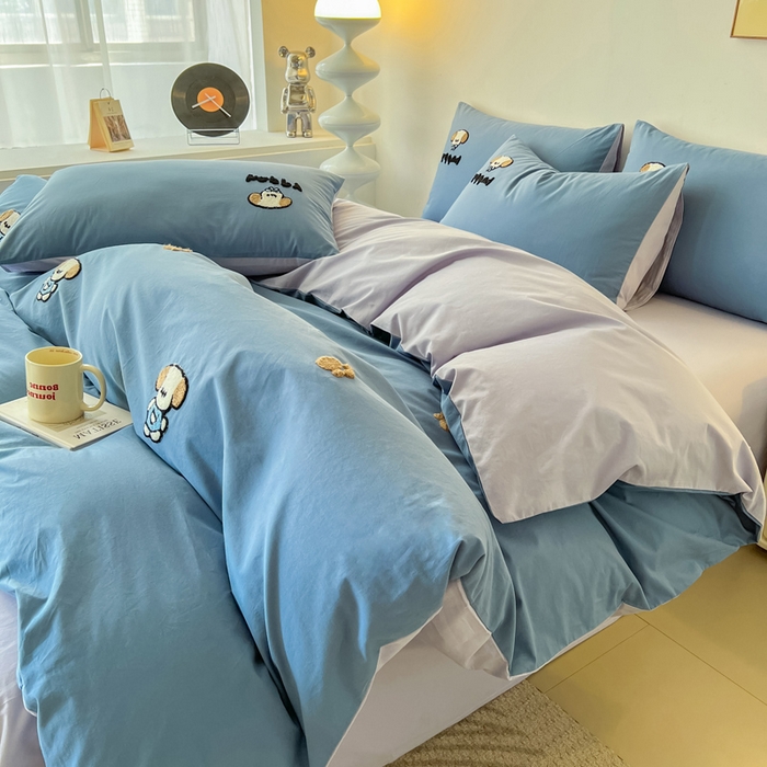 91家纺网 家纺一手货源 找家纺 小懒猪 2025新款全棉纯棉水洗棉毛巾绣四件套(提供买家秀） 萌宠深蓝灰