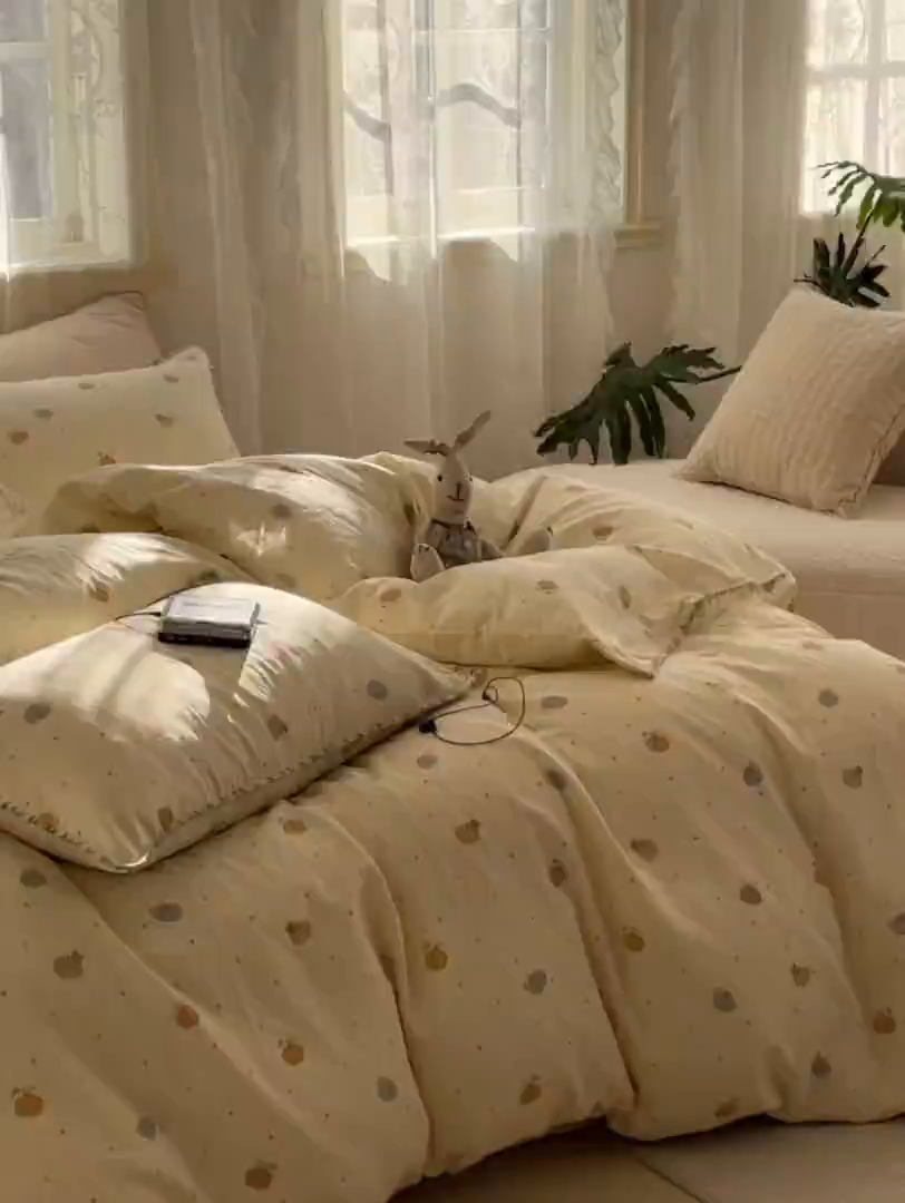 91家纺网 家纺一手货源 找家纺 洋铭区（原狠狠爱） 2025新款A类全棉双层纱四件套 点点南瓜