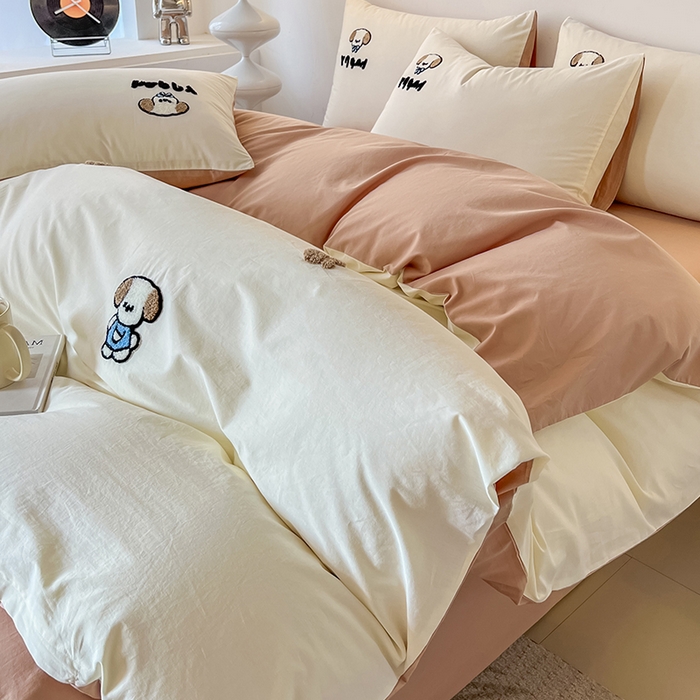 91家纺网 家纺一手货源 找家纺 小懒猪 2025新款全棉纯棉水洗棉毛巾绣四件套(提供买家秀） 萌宠白桃粉