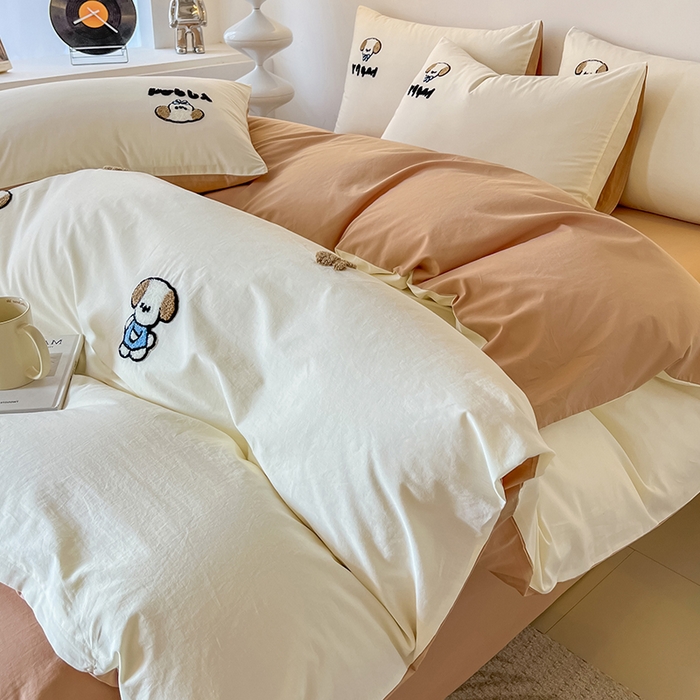 91家纺网 家纺一手货源 找家纺 小懒猪 2025新款全棉纯棉水洗棉毛巾绣四件套(提供买家秀） 萌宠白棕