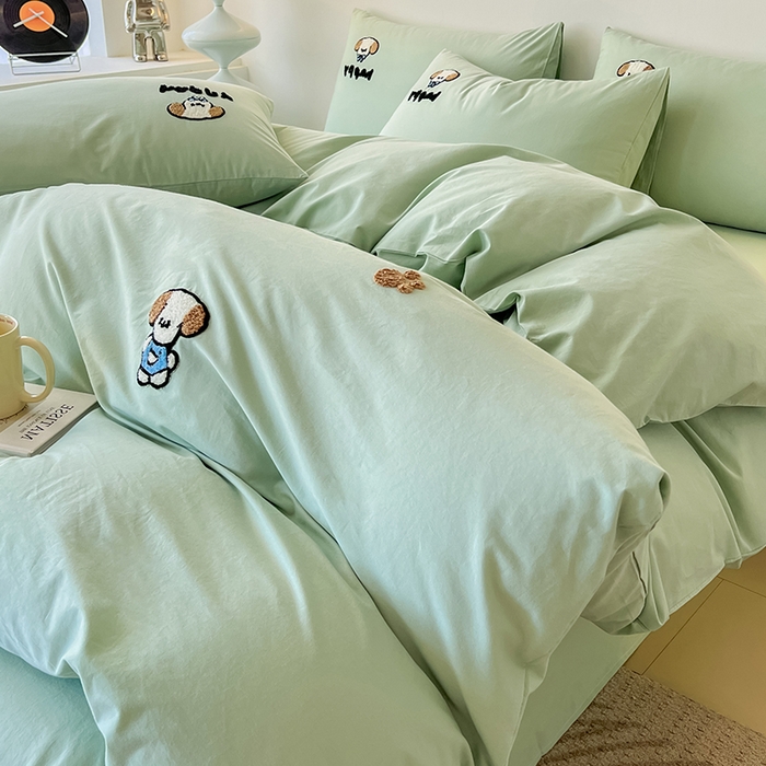 91家纺网 家纺一手货源 找家纺 小懒猪 2025新款全棉纯棉水洗棉毛巾绣四件套(提供买家秀） 萌宠薄荷绿