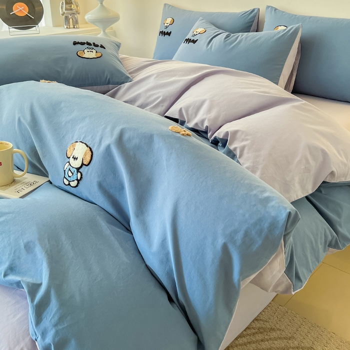 91家纺网 家纺一手货源 找家纺 小懒猪 2025新款全棉纯棉水洗棉毛巾绣四件套(提供买家秀） 萌宠深蓝灰