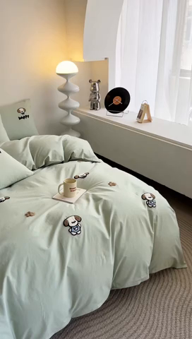 91家纺网 家纺一手货源 找家纺 小懒猪 2025新款全棉纯棉水洗棉毛巾绣四件套(提供买家秀） 萌宠薄荷绿