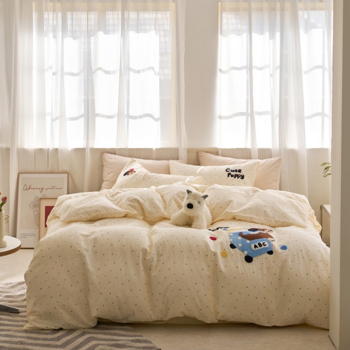 91家纺网 家纺一手货源 找家纺 洋铭区（原狠狠爱） 2025新款A类全棉双层纱毛巾绣四件套 蓝色购物车