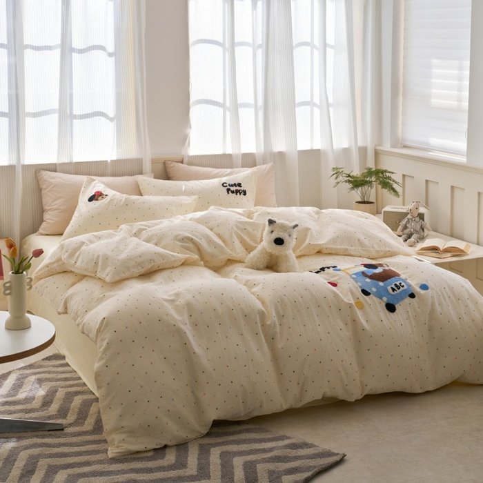 91家纺网 家纺一手货源 找家纺 洋铭区（原狠狠爱） 2025新款A类全棉双层纱毛巾绣四件套 蓝色购物车