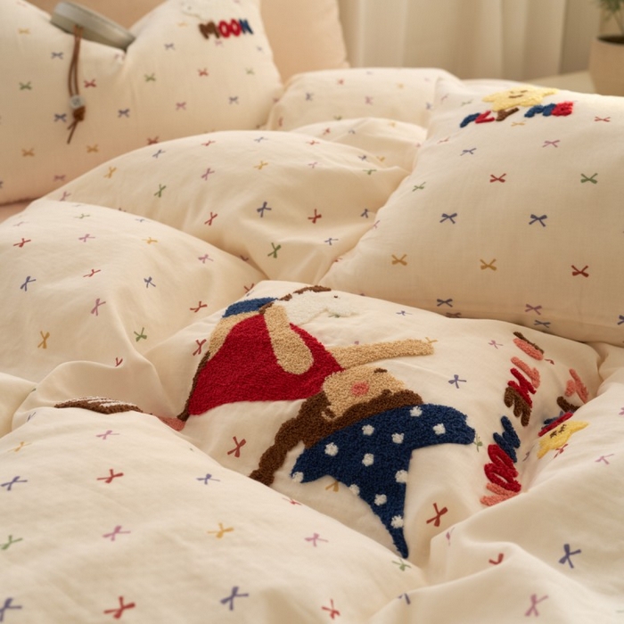 91家纺网 家纺一手货源 找家纺 洋铭区（原狠狠爱） 2025新款A类全棉双层纱毛巾绣四件套 魔法女孩