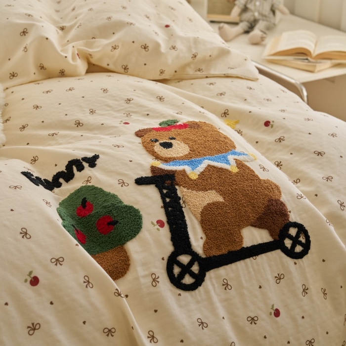 91家纺网 家纺一手货源 找家纺 洋铭区（原狠狠爱） 2025新款A类全棉双层纱毛巾绣四件套 单车小熊