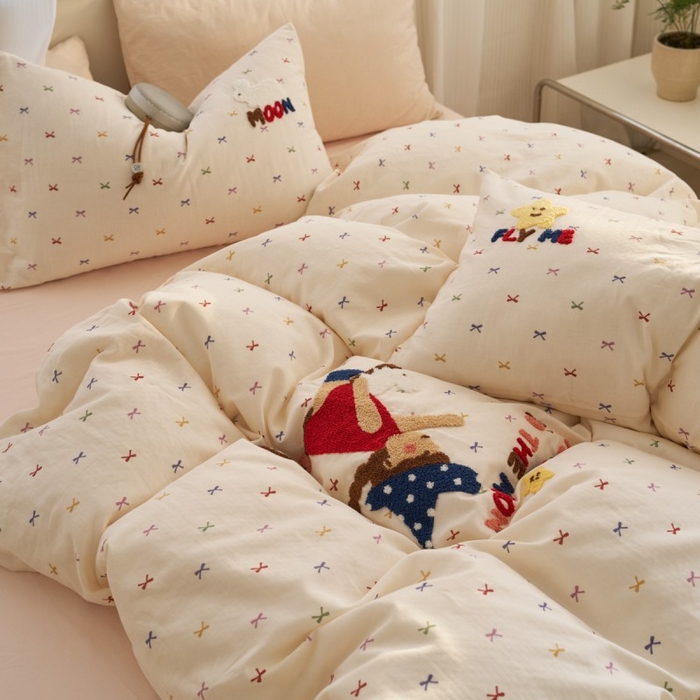 91家纺网 家纺一手货源 找家纺 洋铭区（原狠狠爱） 2025新款A类全棉双层纱毛巾绣四件套 魔法女孩