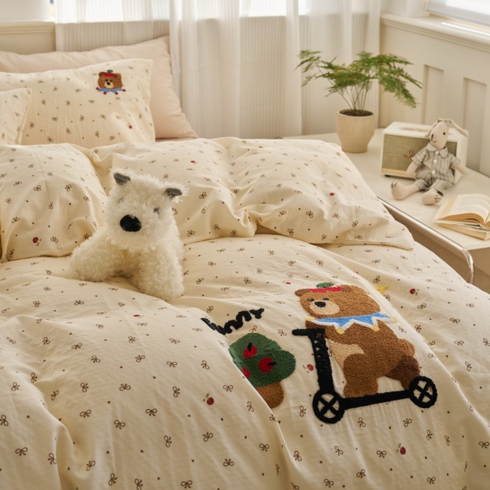 91家纺网 家纺一手货源 找家纺 洋铭区（原狠狠爱） 2025新款A类全棉双层纱毛巾绣四件套 单车小熊