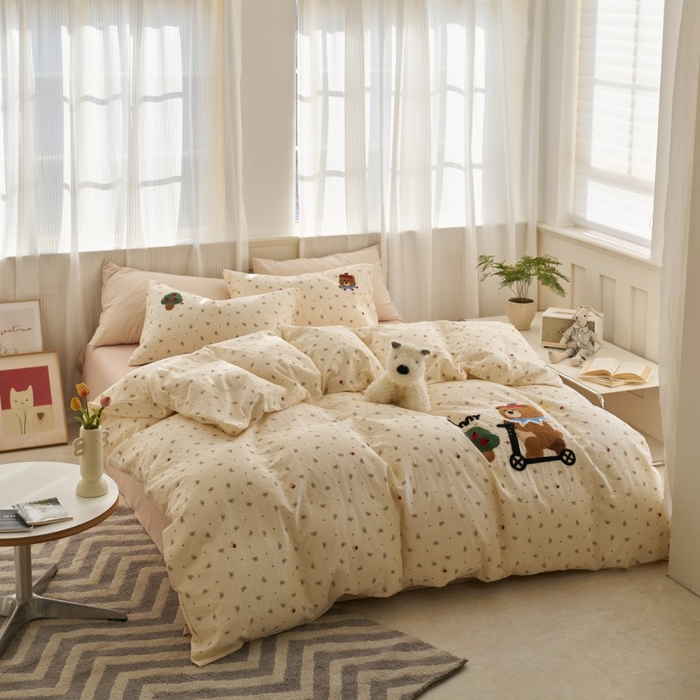 洋铭区（原狠狠爱） 2025新款A类全棉双层纱毛巾绣四件套 单车小熊