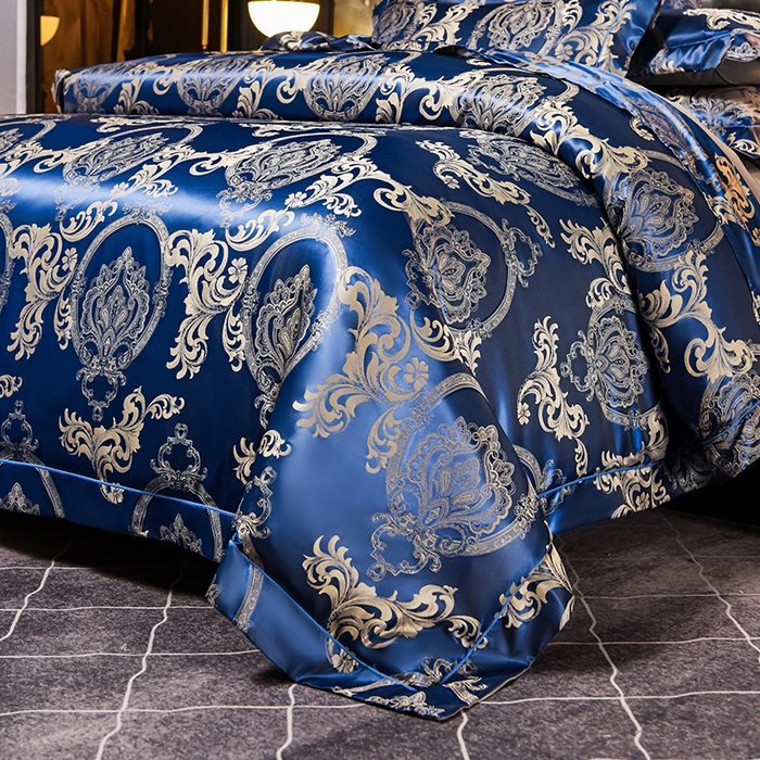 91家纺网 家纺一手货源 找家纺 优美 2025新款一字绣提花四件套系列 曼珠莎华（奢华蓝）