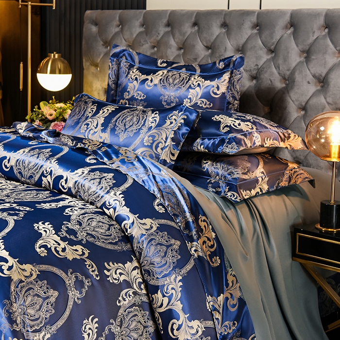 91家纺网 家纺一手货源 找家纺 优美 2025新款一字绣提花四件套系列 曼珠莎华（奢华蓝）