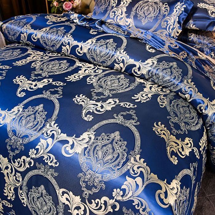 91家纺网 家纺一手货源 找家纺 优美 2025新款一字绣提花四件套系列 曼珠莎华（奢华蓝）
