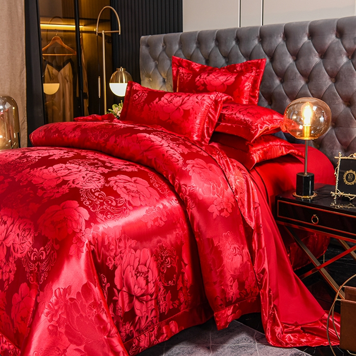 91家纺网 家纺一手货源 找家纺 优美 2025新款一字绣提花四件套系列 国色牡丹-大红