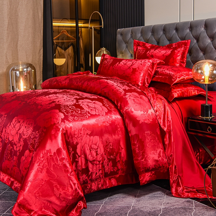 91家纺网 家纺一手货源 找家纺 优美 2025新款一字绣提花四件套系列 国色牡丹-大红