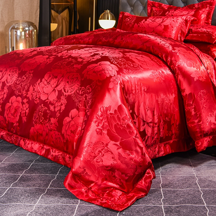 91家纺网 家纺一手货源 找家纺 优美 2025新款一字绣提花四件套系列 国色牡丹-大红