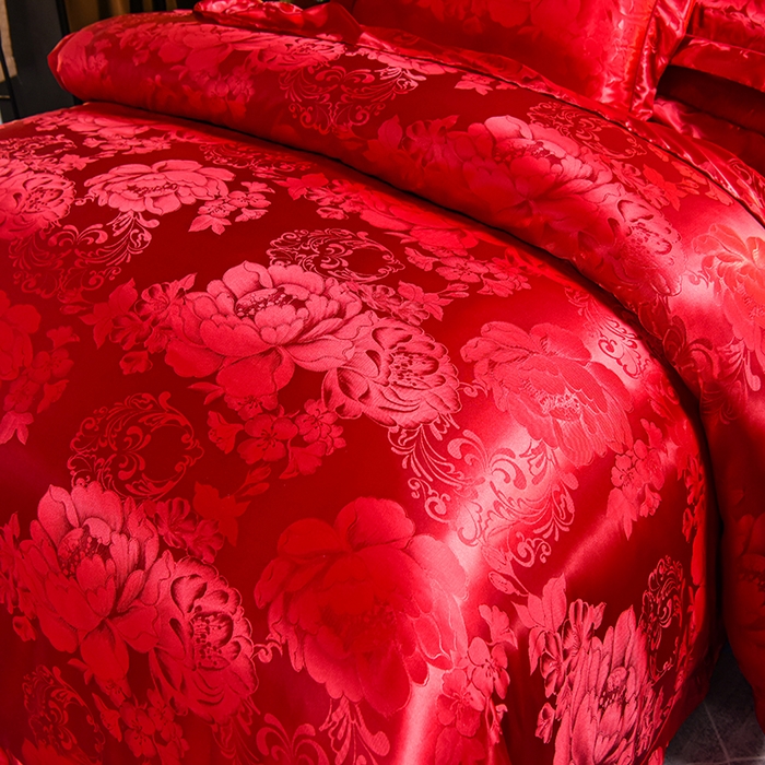 91家纺网 家纺一手货源 找家纺 优美 2025新款一字绣提花四件套系列 国色牡丹-大红