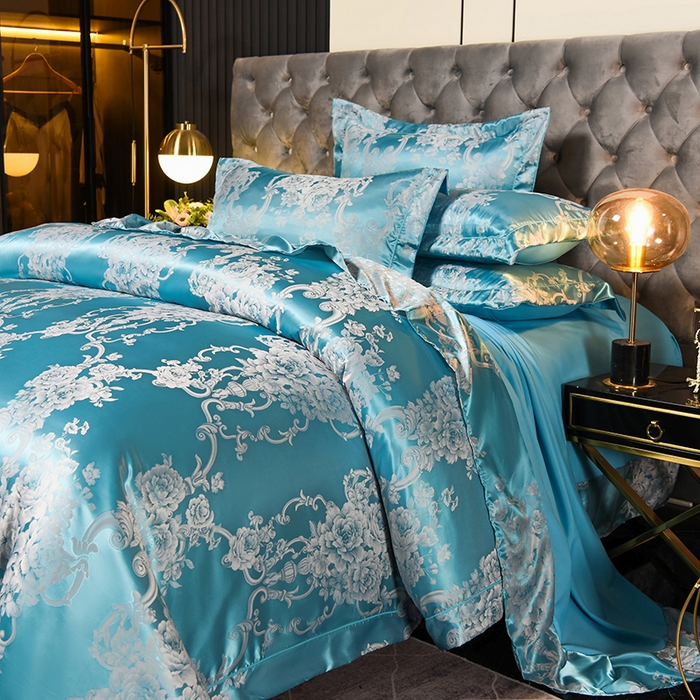 91家纺网 家纺一手货源 找家纺 优美 2025新款一字绣提花四件套系列 圣托里尼（金兰）