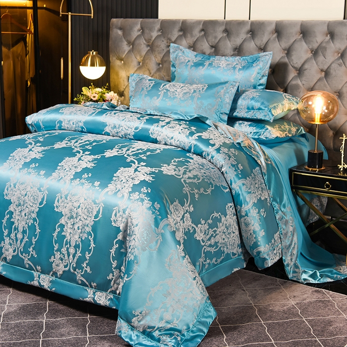 91家纺网 家纺一手货源 找家纺 优美 2025新款一字绣提花四件套系列 圣托里尼（金兰）