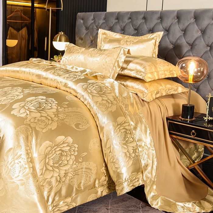 91家纺网 家纺一手货源 找家纺 优美 2025新款一字绣提花四件套系列 花间飞舞（金驼）