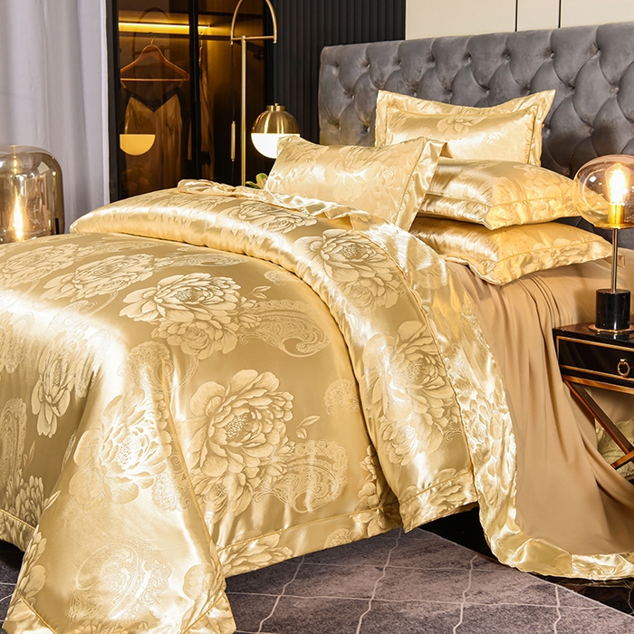 91家纺网 家纺一手货源 找家纺 优美 2025新款一字绣提花四件套系列 花间飞舞（金驼）