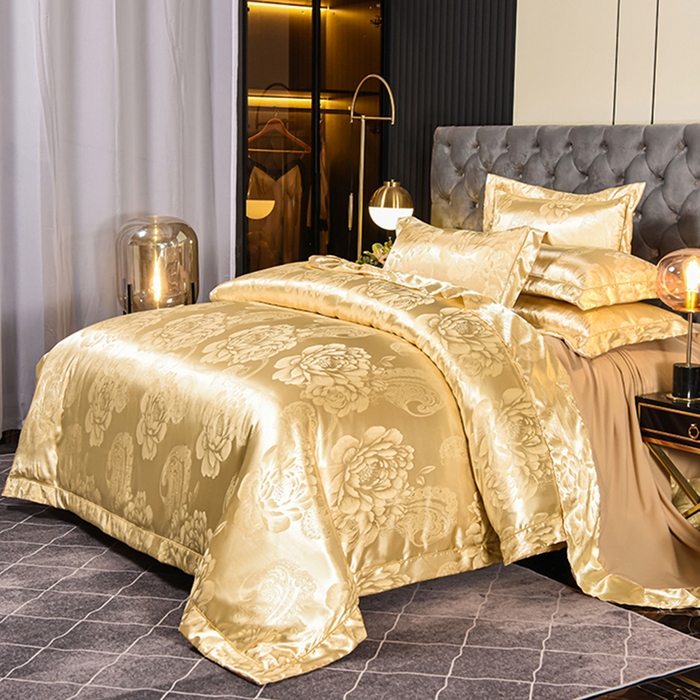 91家纺网 家纺一手货源 找家纺 优美 2025新款一字绣提花四件套系列 花间飞舞（金驼）