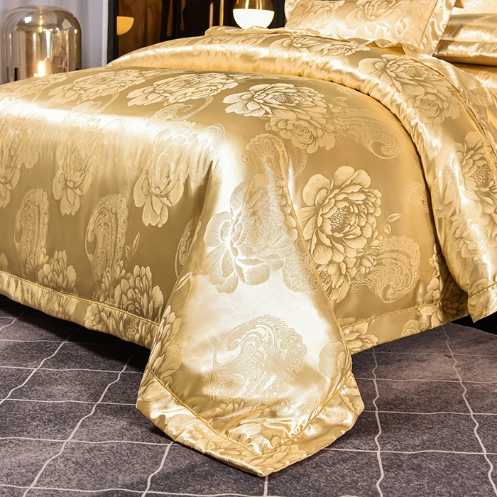 91家纺网 家纺一手货源 找家纺 优美 2025新款一字绣提花四件套系列 花间飞舞（金驼）