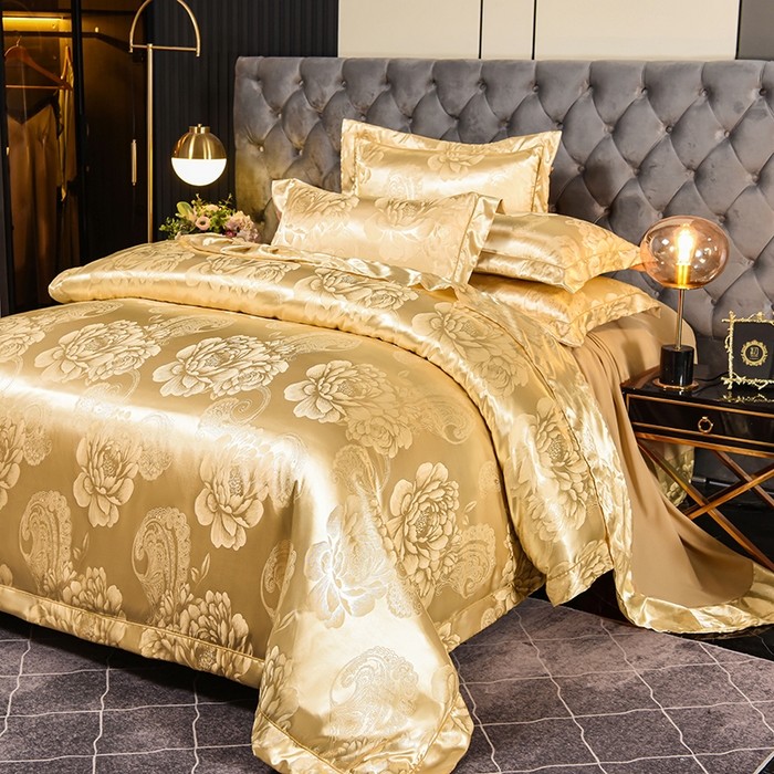 91家纺网 家纺一手货源 找家纺 优美 2025新款一字绣提花四件套系列 花间飞舞（金驼）