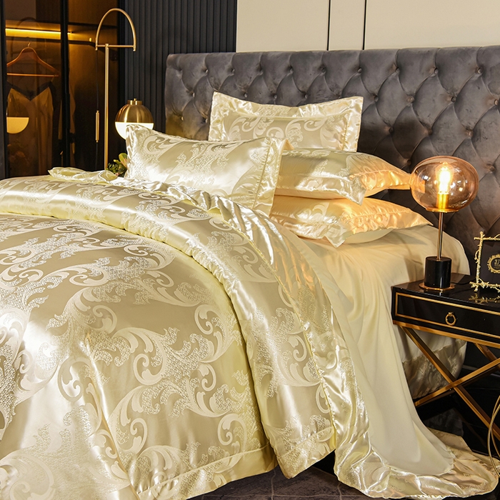 91家纺网 家纺一手货源 找家纺 优美 2025新款一字绣提花四件套系列 琳达与珍妮（米黄）