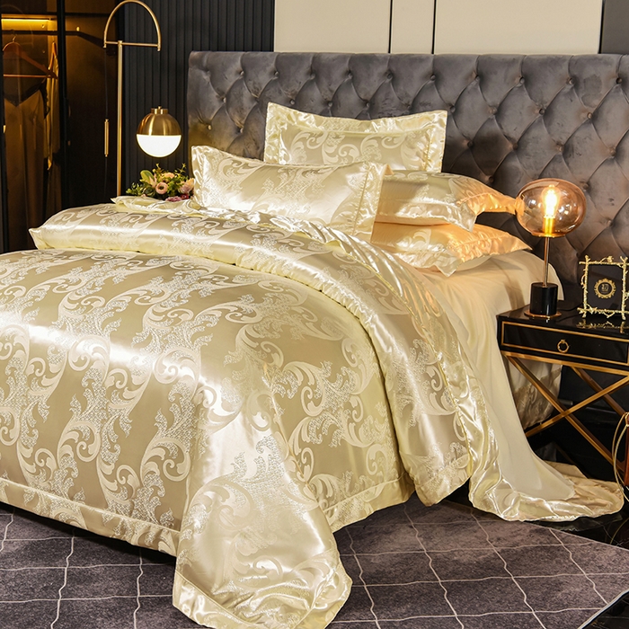 91家纺网 家纺一手货源 找家纺 优美 2025新款一字绣提花四件套系列 琳达与珍妮（米黄）