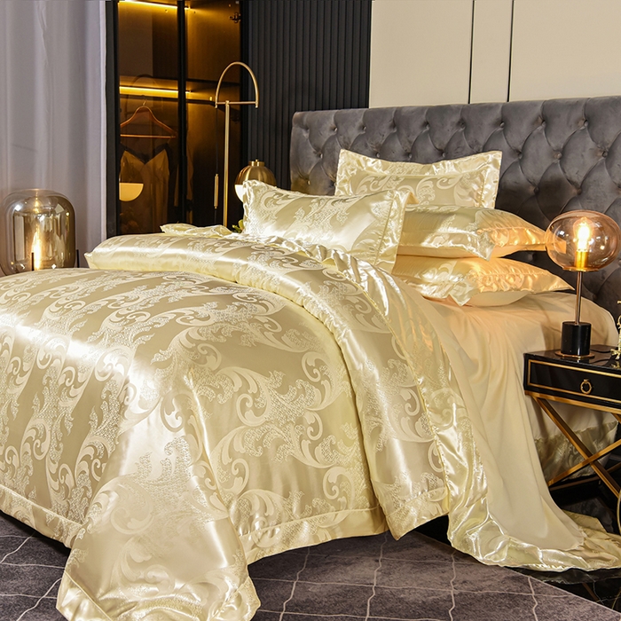 91家纺网 家纺一手货源 找家纺 优美 2025新款一字绣提花四件套系列 琳达与珍妮（米黄）