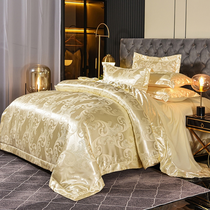 91家纺网 家纺一手货源 找家纺 优美 2025新款一字绣提花四件套系列 琳达与珍妮（米黄）