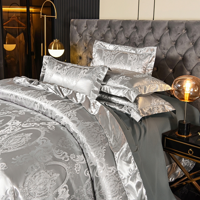 91家纺网 家纺一手货源 找家纺 优美 2025新款一字绣提花四件套系列 曼珠莎华（银灰）