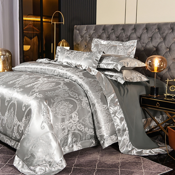 91家纺网 家纺一手货源 找家纺 优美 2025新款一字绣提花四件套系列 曼珠莎华（银灰）