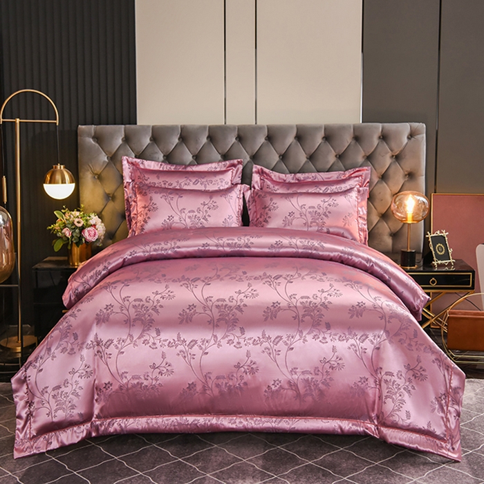 91家纺网 家纺一手货源 找家纺 优美 2025新款高克重贡缎提花四件套系列 花间飞舞-雪青