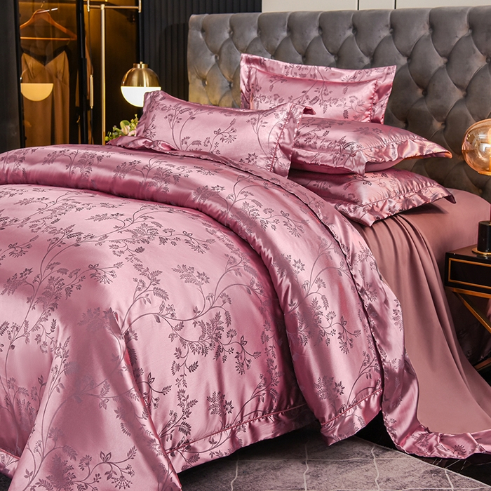 91家纺网 家纺一手货源 找家纺 优美 2025新款一字绣提花四件套系列 叶语迷裳（藕荷色）